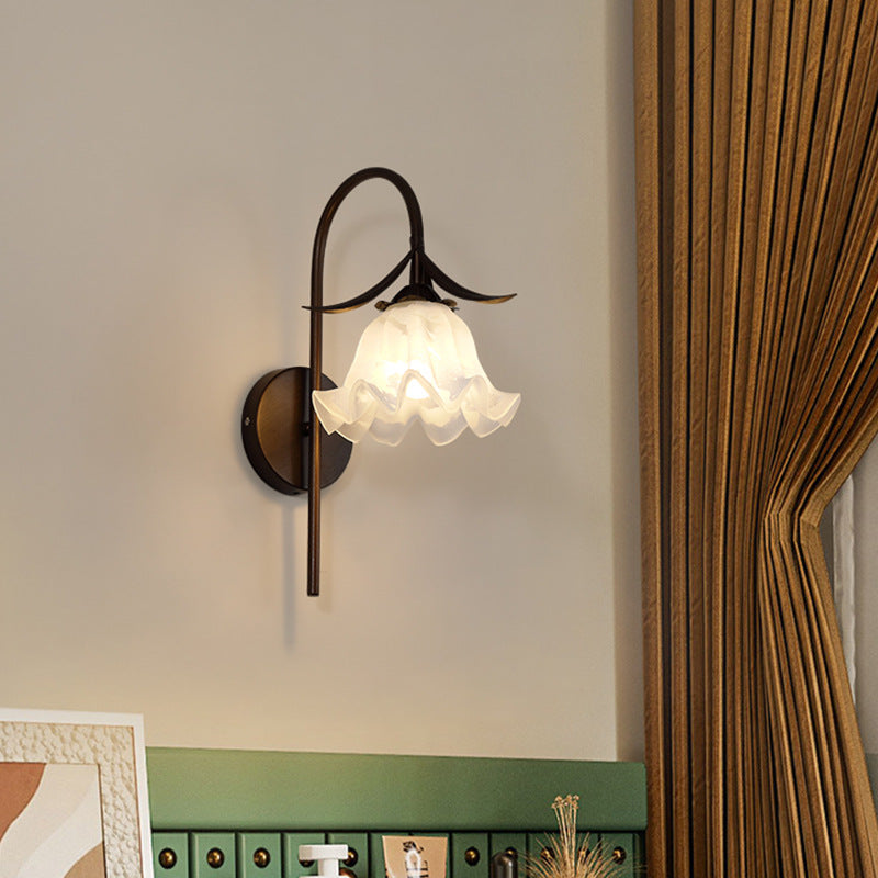 Modern Minimalist Curved Pole Bellflower Iron Frame Glass Shade 1-Light Wall Sconce Lamp For Living Room