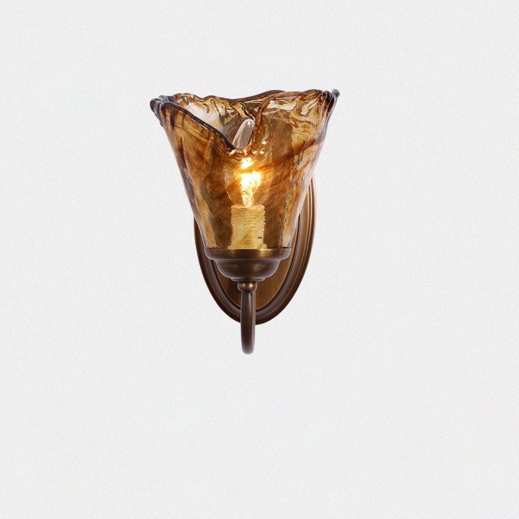 Traditional Vintage Cup Shape Full Brass Frame Glass Shade 1-Light Wall Sconce Lamp For Living Room