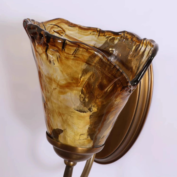 Traditional Vintage Cup Shape Full Brass Frame Glass Shade 1-Light Wall Sconce Lamp For Living Room