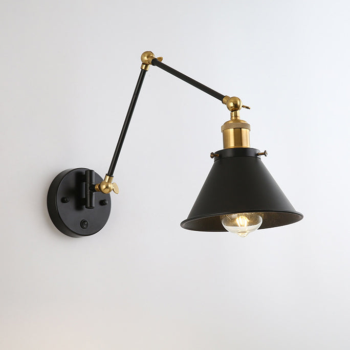 Zeitgenössische Retro Einziehbare Lange Stange Runde Hornform Eisen 1-Licht Wandleuchte Für Schlafzimmer 