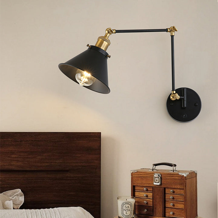 Zeitgenössische Retro Einziehbare Lange Stange Runde Hornform Eisen 1-Licht Wandleuchte Für Schlafzimmer 