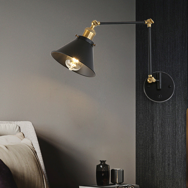 Zeitgenössische Retro Einziehbare Lange Stange Runde Hornform Eisen 1-Licht Wandleuchte Für Schlafzimmer 