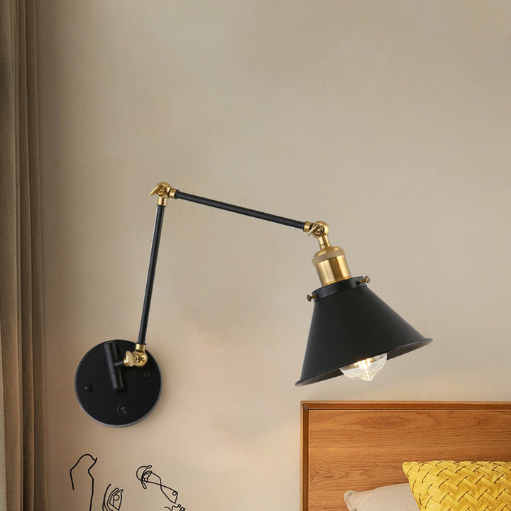 Zeitgenössische Retro Einziehbare Lange Stange Runde Hornform Eisen 1-Licht Wandleuchte Für Schlafzimmer 