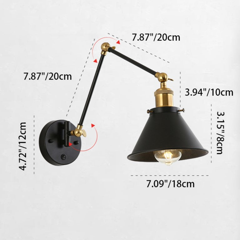 Zeitgenössische Retro Einziehbare Lange Stange Runde Hornform Eisen 1-Licht Wandleuchte Für Schlafzimmer 