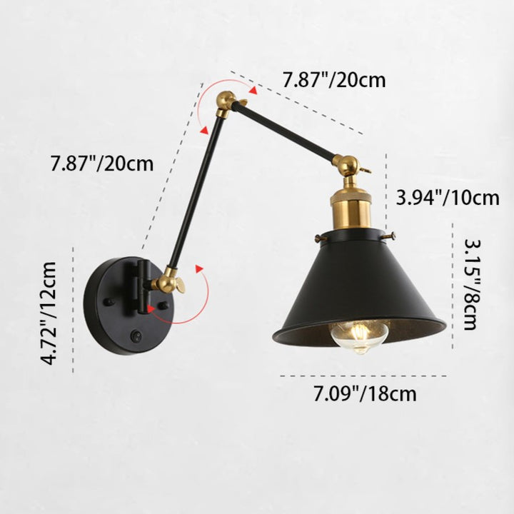 Zeitgenössische Retro Einziehbare Lange Stange Runde Hornform Eisen 1-Licht Wandleuchte Für Schlafzimmer 