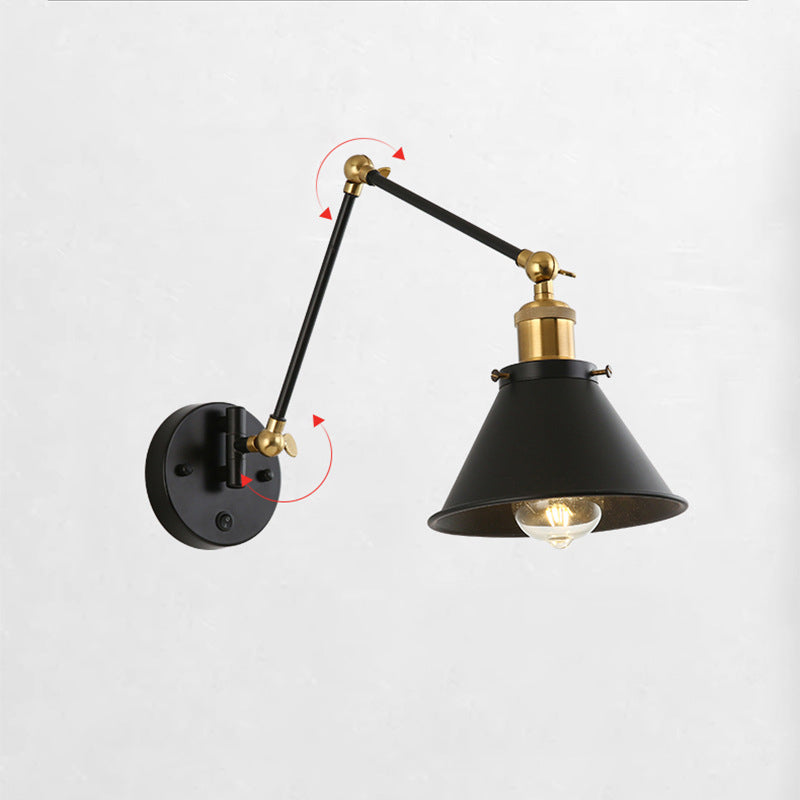 Zeitgenössische Retro Einziehbare Lange Stange Runde Hornform Eisen 1-Licht Wandleuchte Für Schlafzimmer 