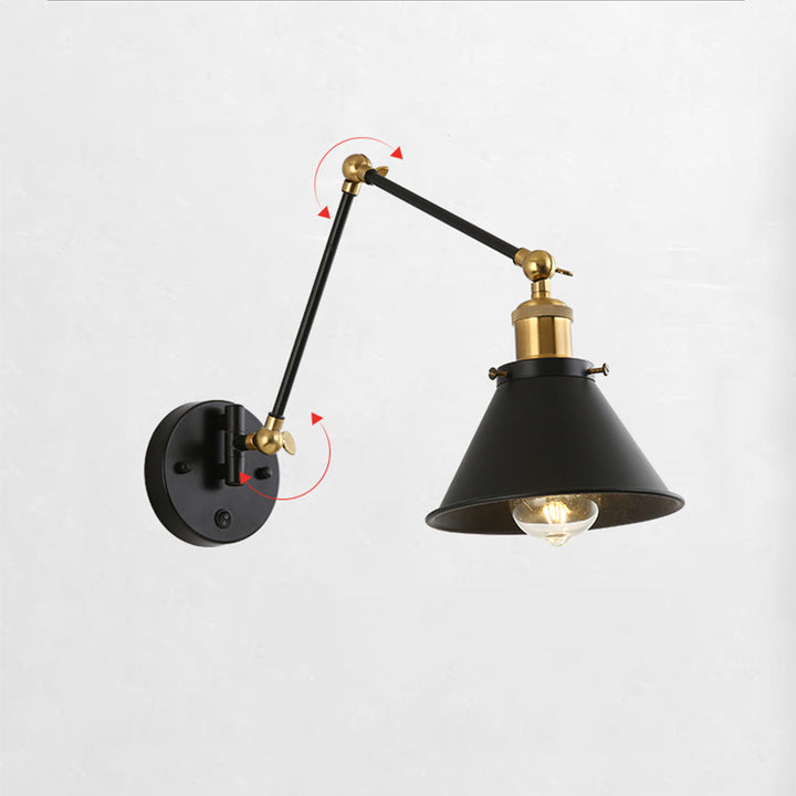 Zeitgenössische Retro Einziehbare Lange Stange Runde Hornform Eisen 1-Licht Wandleuchte Für Schlafzimmer 