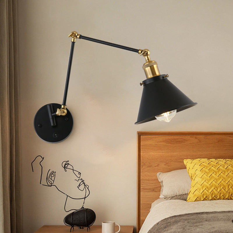 Zeitgenössische Retro Einziehbare Lange Stange Runde Hornform Eisen 1-Licht Wandleuchte Für Schlafzimmer 