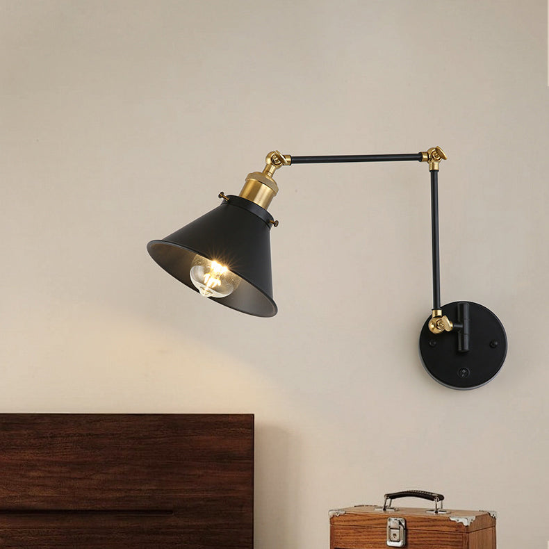 Zeitgenössische Retro Einziehbare Lange Stange Runde Hornform Eisen 1-Licht Wandleuchte Für Schlafzimmer 