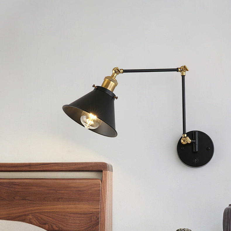 Zeitgenössische Retro Einziehbare Lange Stange Runde Hornform Eisen 1-Licht Wandleuchte Für Schlafzimmer 