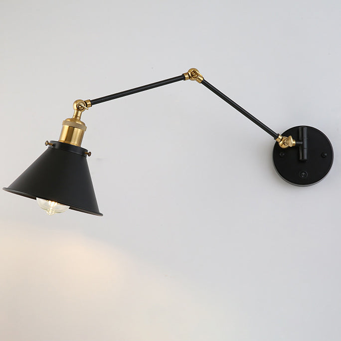 Zeitgenössische Retro Einziehbare Lange Stange Runde Hornform Eisen 1-Licht Wandleuchte Für Schlafzimmer 