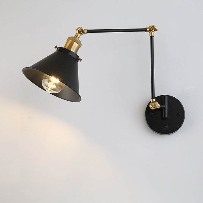 Zeitgenössische Retro Einziehbare Lange Stange Runde Hornform Eisen 1-Licht Wandleuchte Für Schlafzimmer 