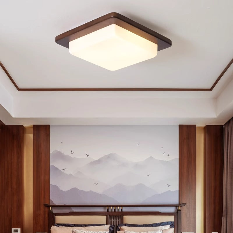 Traditionelle chinesische quadratische Deckenleuchte aus massivem Holz mit Acrylschirm und LED für das Schlafzimmer 