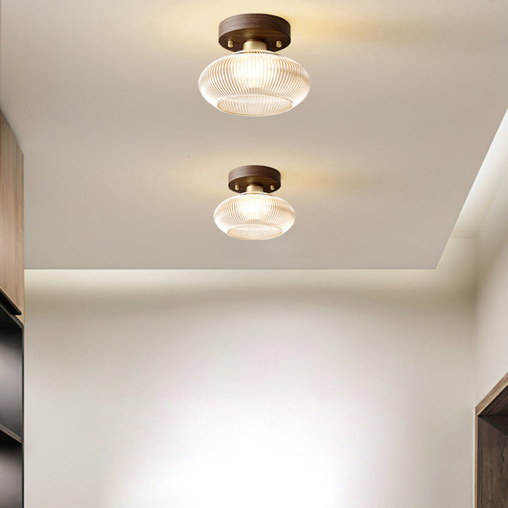 Traditionelle chinesische runde ovale gestreifte Glas-Holzbasis 1-Licht-Halbeinbau-Deckenleuchte für Wohnzimmer 