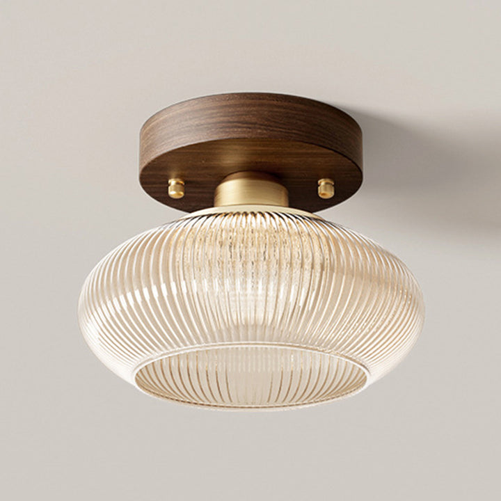 Traditionelle chinesische runde ovale gestreifte Glas-Holzbasis 1-Licht-Halbeinbau-Deckenleuchte für Wohnzimmer 
