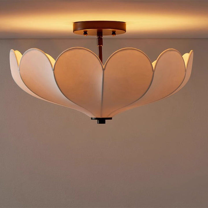 Contemporary Retro Round Leaf Shape Metal Frame Fabric Shade 1-Light Semi-Flush Mount Ceiling Light For Living Room