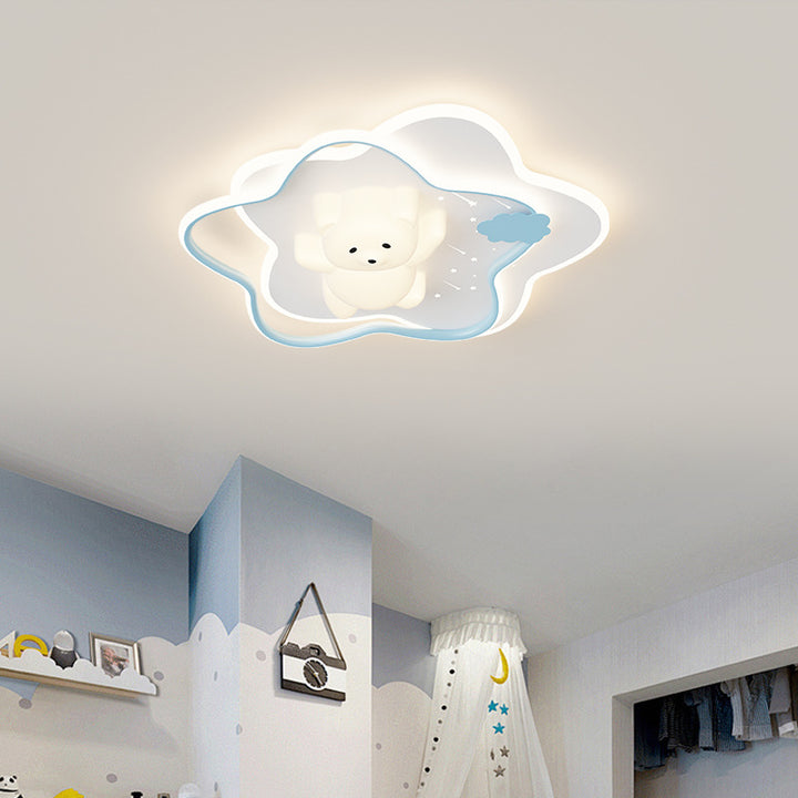 Luz de techo LED montada al ras de hierro y plástico con diseño de estrella, luna, conejo y oso para dormitorio infantil contemporáneo 