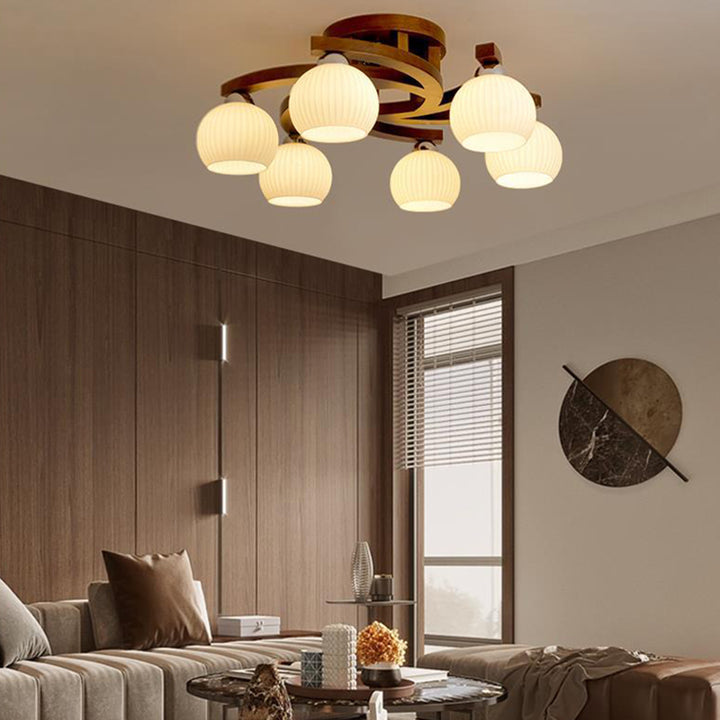Dôme rond rétro contemporain avec cadre en bois massif et abat-jour en verre 3/4/6 lumières semi-encastrées pour le plafond du salon 