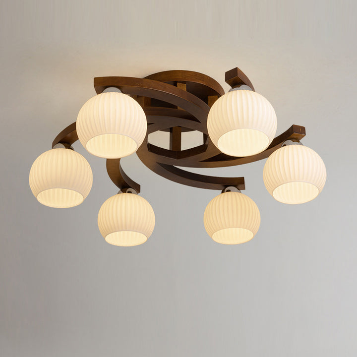 Dôme rond rétro contemporain avec cadre en bois massif et abat-jour en verre 3/4/6 lumières semi-encastrées pour le plafond du salon 