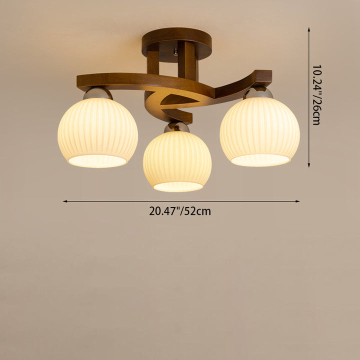 Dôme rond rétro contemporain avec cadre en bois massif et abat-jour en verre 3/4/6 lumières semi-encastrées pour le plafond du salon 