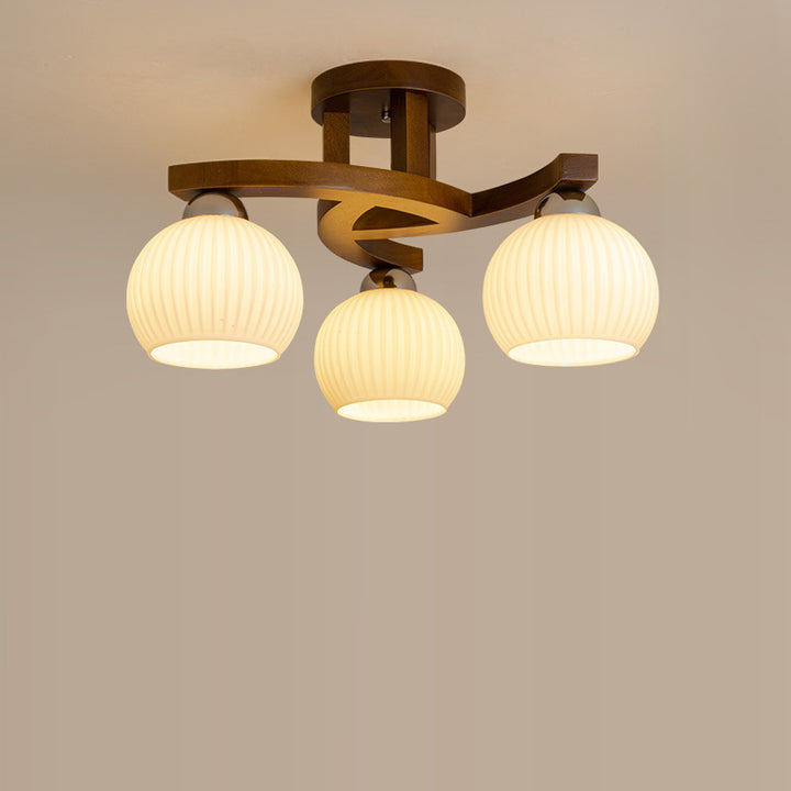 Dôme rond rétro contemporain avec cadre en bois massif et abat-jour en verre 3/4/6 lumières semi-encastrées pour le plafond du salon 