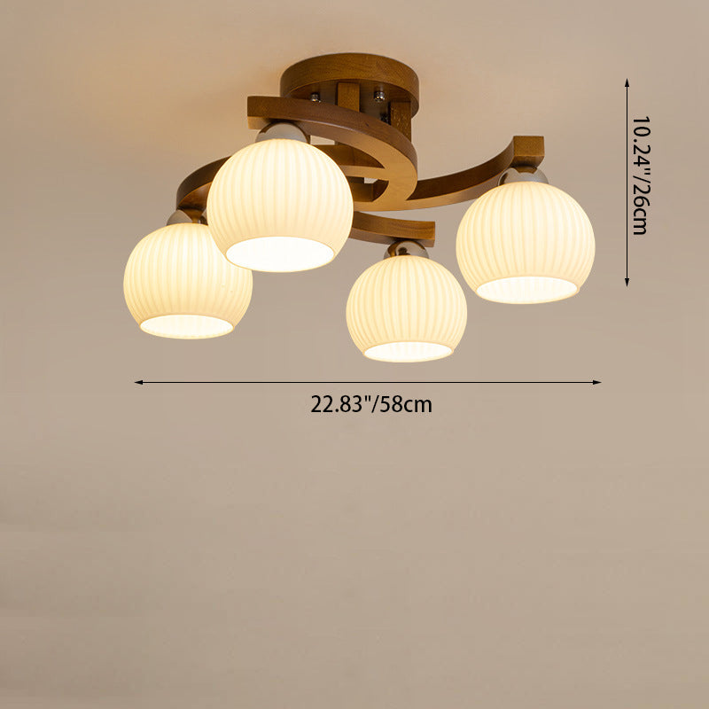 Dôme rond rétro contemporain avec cadre en bois massif et abat-jour en verre 3/4/6 lumières semi-encastrées pour le plafond du salon 