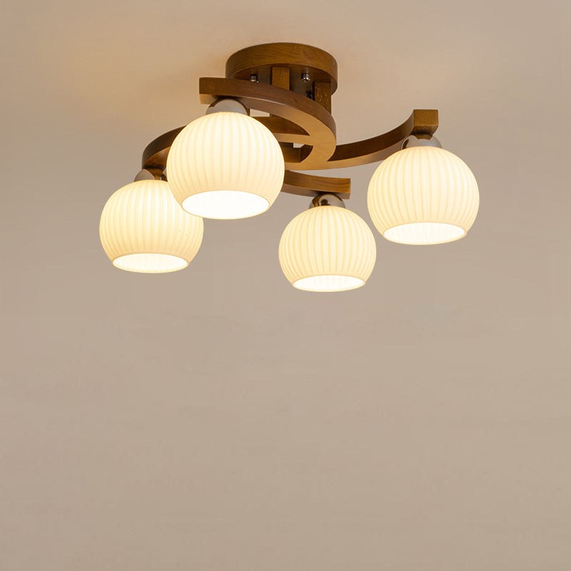 Dôme rond rétro contemporain avec cadre en bois massif et abat-jour en verre 3/4/6 lumières semi-encastrées pour le plafond du salon 