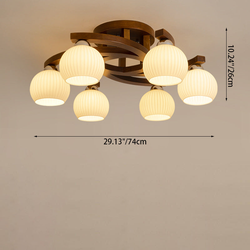 Dôme rond rétro contemporain avec cadre en bois massif et abat-jour en verre 3/4/6 lumières semi-encastrées pour le plafond du salon 