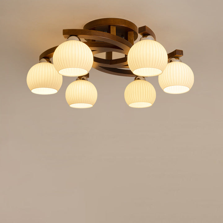 Dôme rond rétro contemporain avec cadre en bois massif et abat-jour en verre 3/4/6 lumières semi-encastrées pour le plafond du salon 