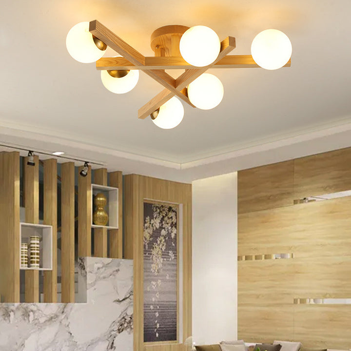 Traditionelle Chinesische Lange Runde Kugel Holz Kupfer Rahmen Glas Schirm 3/6/9 Licht Halbeinbau Deckenleuchte Für Wohnzimmer 