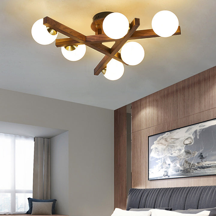 Traditionelle Chinesische Lange Runde Kugel Holz Kupfer Rahmen Glas Schirm 3/6/9 Licht Halbeinbau Deckenleuchte Für Wohnzimmer 