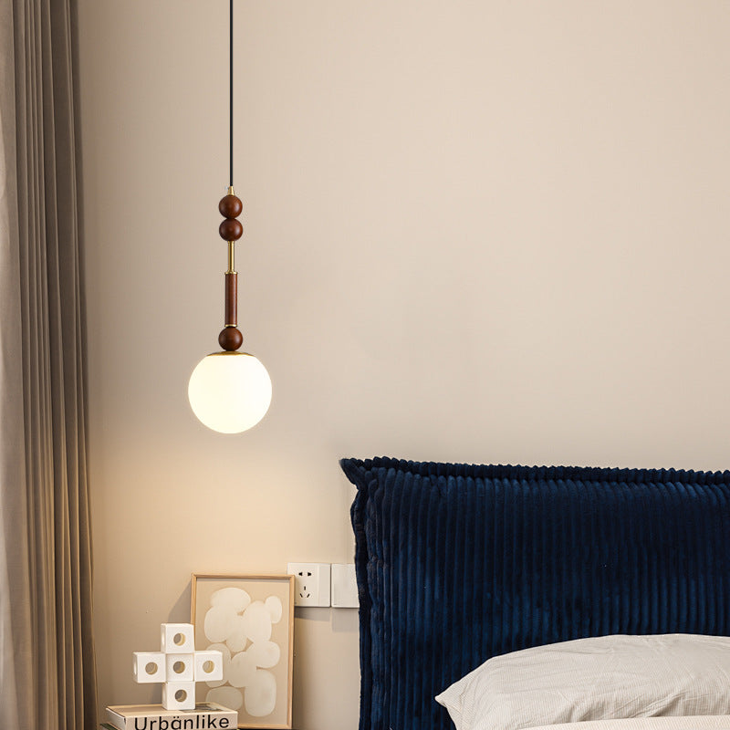 Zeitgenössische Retro Zylinder Kugel Oval Holzbeschläge Glas Stoff 1-Licht Pendelleuchte für Schlafzimmer 