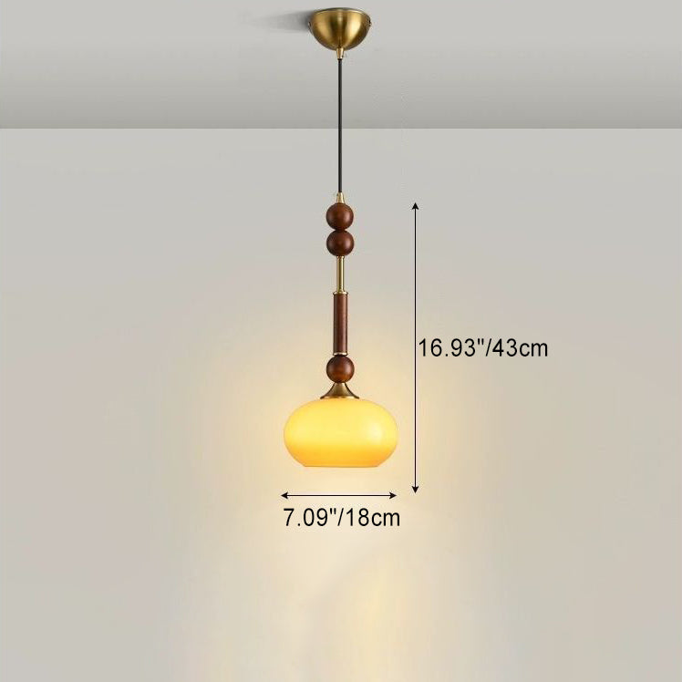 Zeitgenössische Retro Zylinder Kugel Oval Holzbeschläge Glas Stoff 1-Licht Pendelleuchte für Schlafzimmer 