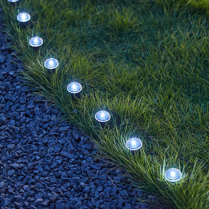 Lumière extérieure moderne minimaliste étanche solaire ronde en acier inoxydable et plastique LED à piquet pour jardin 