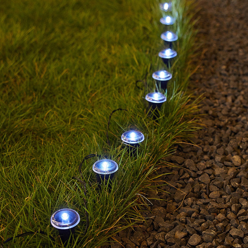Lumière extérieure moderne minimaliste étanche solaire ronde en acier inoxydable et plastique LED à piquet pour jardin 