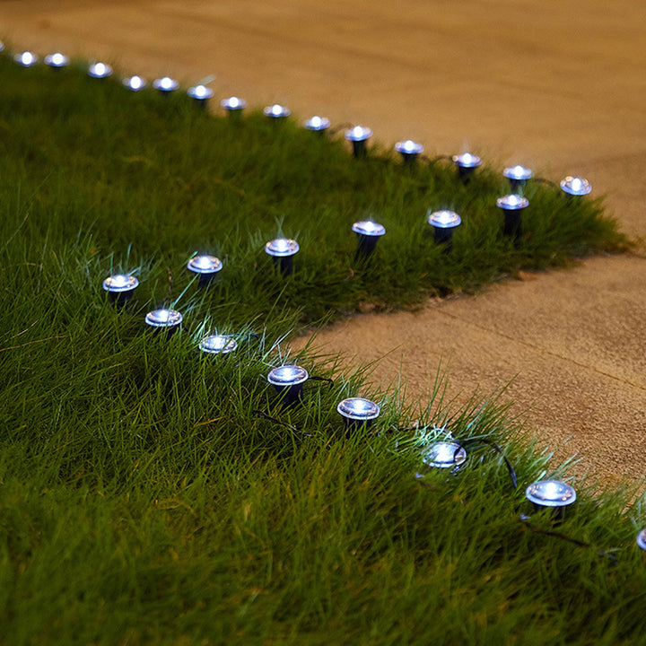 Lumière extérieure moderne minimaliste étanche solaire ronde en acier inoxydable et plastique LED à piquet pour jardin 