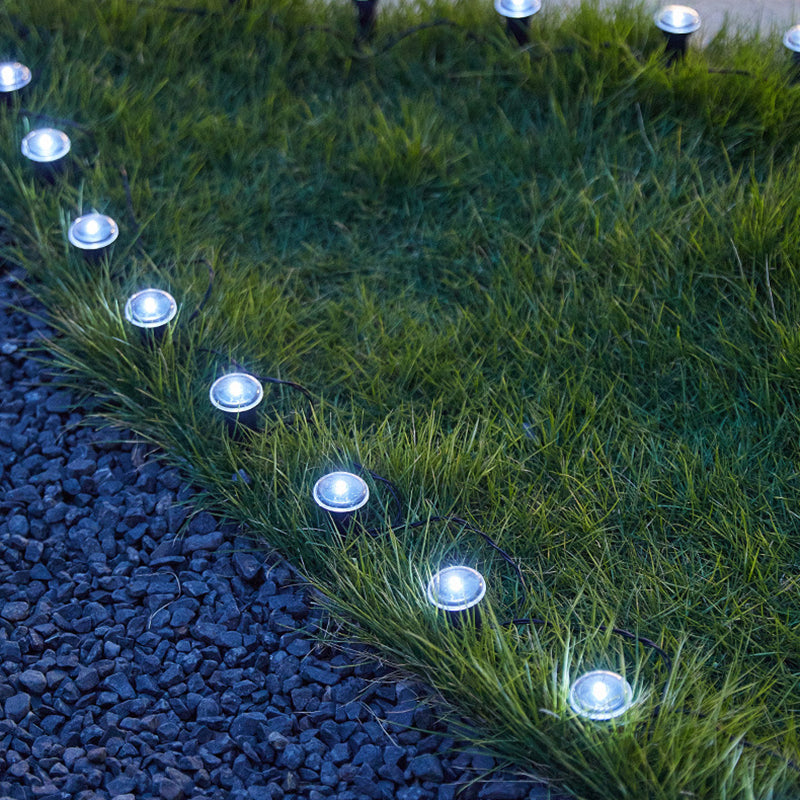 Lumière extérieure moderne minimaliste étanche solaire ronde en acier inoxydable et plastique LED à piquet pour jardin 