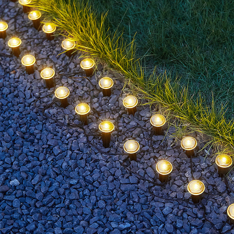 Lumière extérieure moderne minimaliste étanche solaire ronde en acier inoxydable et plastique LED à piquet pour jardin 