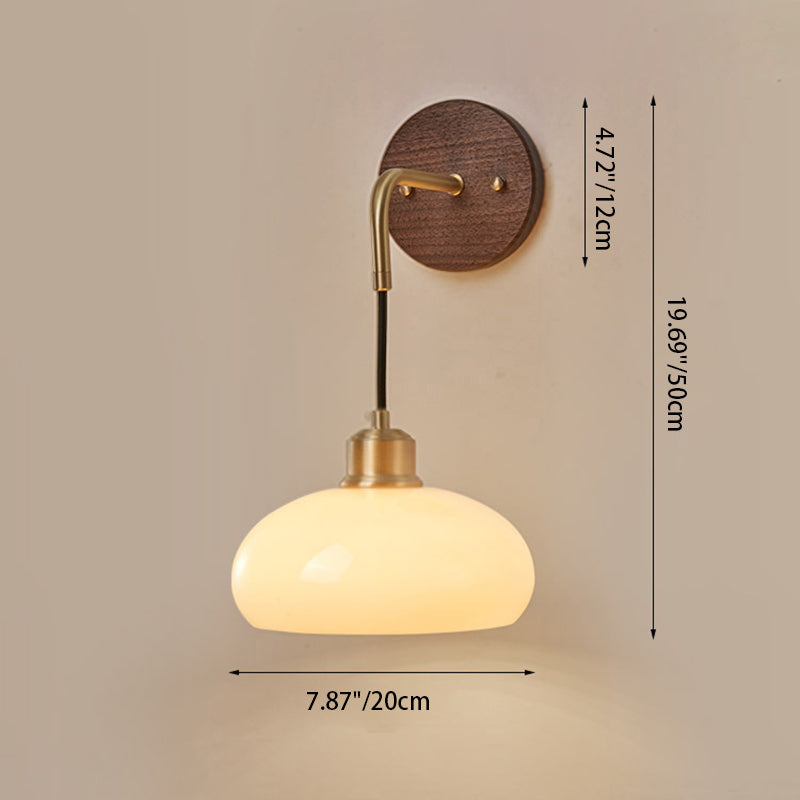 Lámpara de pared de 1 luz con pantalla de vidrio ovalada de flor retro contemporánea de cobre y madera para dormitorio 