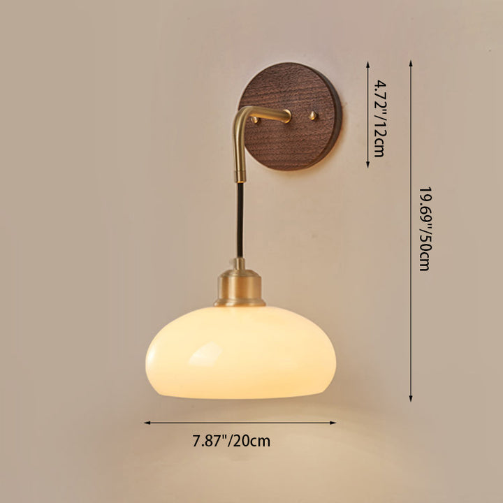 Lámpara de pared de 1 luz con pantalla de vidrio ovalada de flor retro contemporánea de cobre y madera para dormitorio 