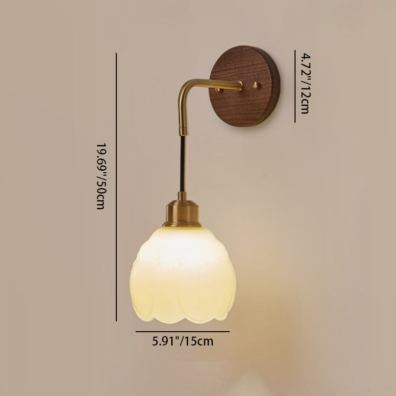 Lámpara de pared de 1 luz con pantalla de vidrio ovalada de flor retro contemporánea de cobre y madera para dormitorio 