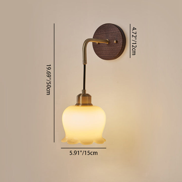 Lámpara de pared de 1 luz con pantalla de vidrio ovalada de flor retro contemporánea de cobre y madera para dormitorio 