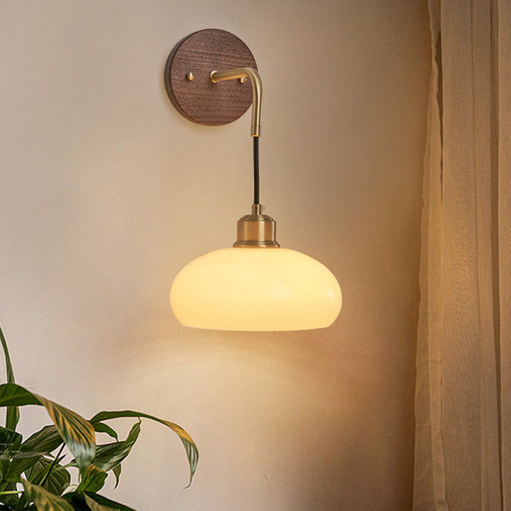 Lámpara de pared de 1 luz con pantalla de vidrio ovalada de flor retro contemporánea de cobre y madera para dormitorio 