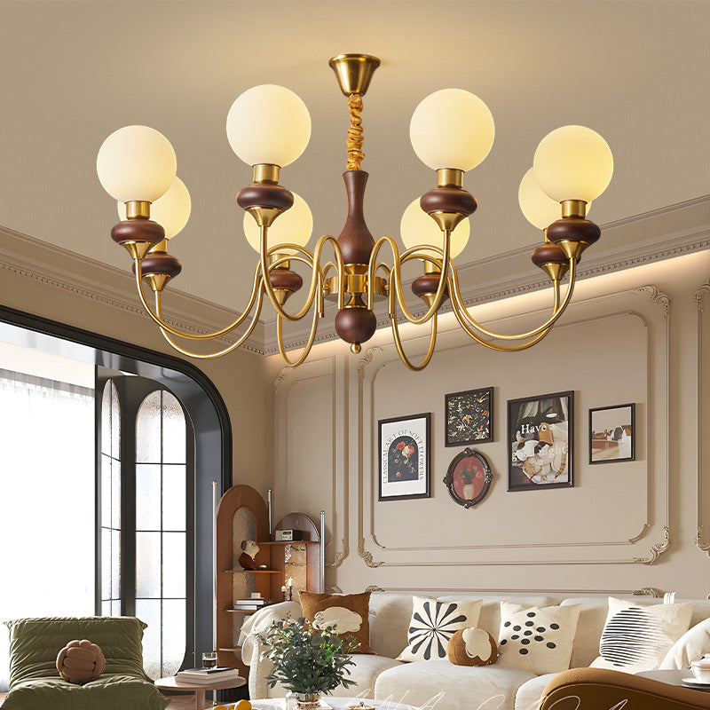 Chandelier Contemporain Rétro à Tige Courbée avec Boule Ronde en Fer et Cadre en Bois, Abat-jour en Verre, 3/6/8 Lumières pour Salon 