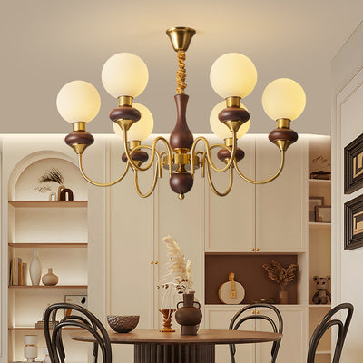 Chandelier Contemporain Rétro à Tige Courbée avec Boule Ronde en Fer et Cadre en Bois, Abat-jour en Verre, 3/6/8 Lumières pour Salon 