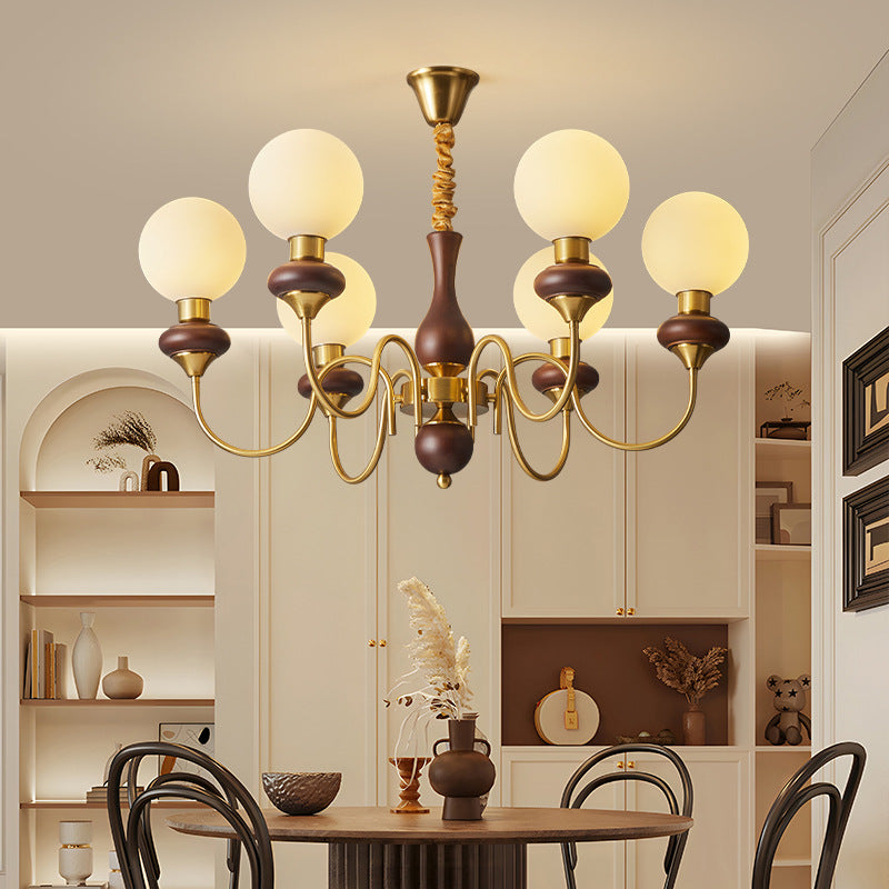 Chandelier Contemporain Rétro à Tige Courbée avec Boule Ronde en Fer et Cadre en Bois, Abat-jour en Verre, 3/6/8 Lumières pour Salon 