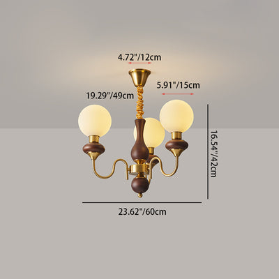 Chandelier Contemporain Rétro à Tige Courbée avec Boule Ronde en Fer et Cadre en Bois, Abat-jour en Verre, 3/6/8 Lumières pour Salon 