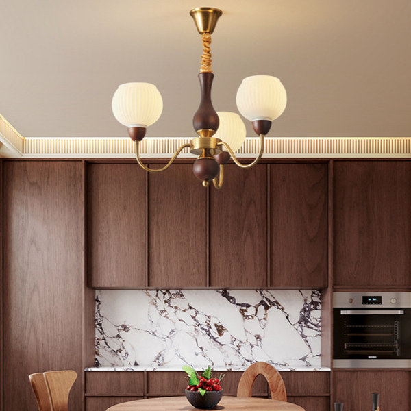 Lámpara de araña contemporánea retro con varilla curva, forma de copa redonda, marco de hierro y madera, pantalla de vidrio rayado, 3/6/8 luces para sala de estar 