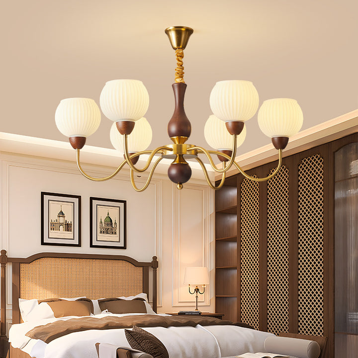 Lámpara de araña contemporánea retro con varilla curva, forma de copa redonda, marco de hierro y madera, pantalla de vidrio rayado, 3/6/8 luces para sala de estar 