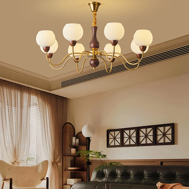 Lámpara de araña contemporánea retro con varilla curva, forma de copa redonda, marco de hierro y madera, pantalla de vidrio rayado, 3/6/8 luces para sala de estar 